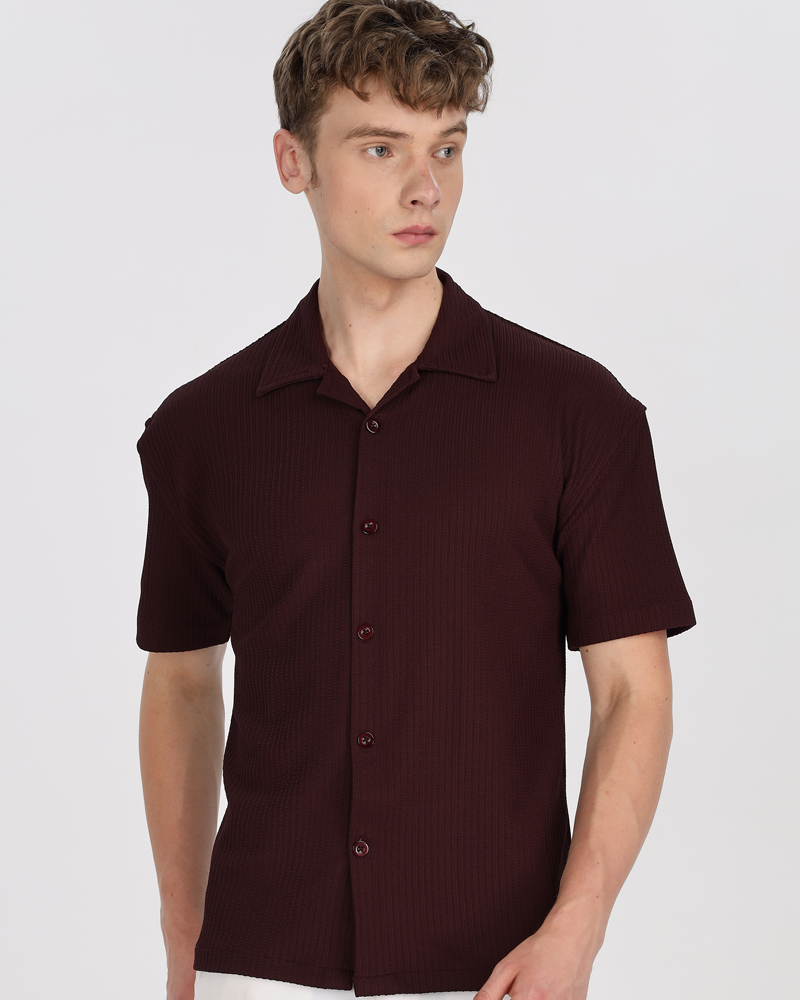 Men textured shirt - Maroon cuban collored