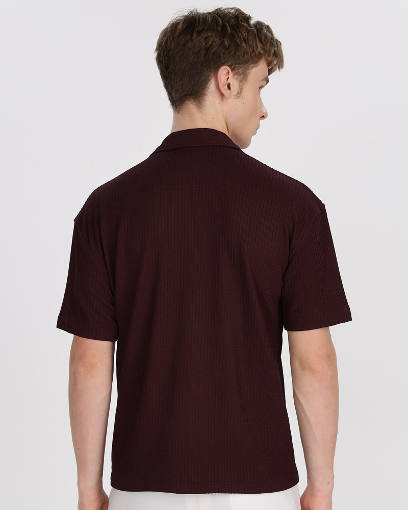 Men textured shirt - Maroon cuban collored