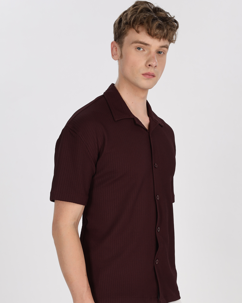 Men textured shirt - Maroon cuban collored