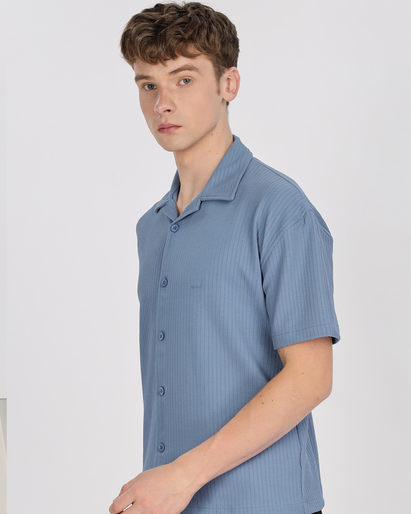 Men textured shirt - Blue cuban collored
