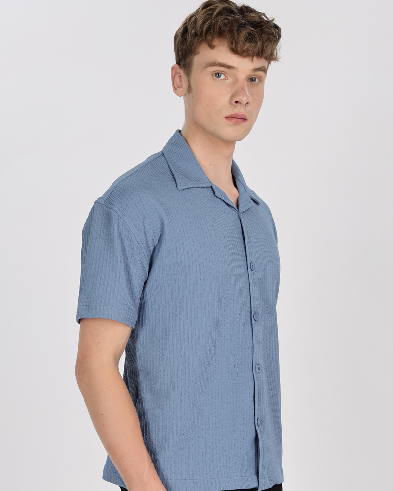 Men textured shirt - Blue cuban collored