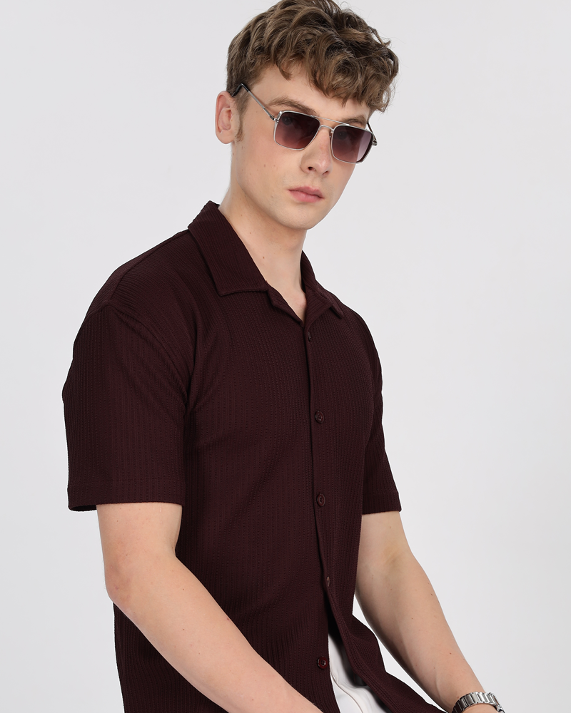 Men textured shirt - Maroon cuban collored