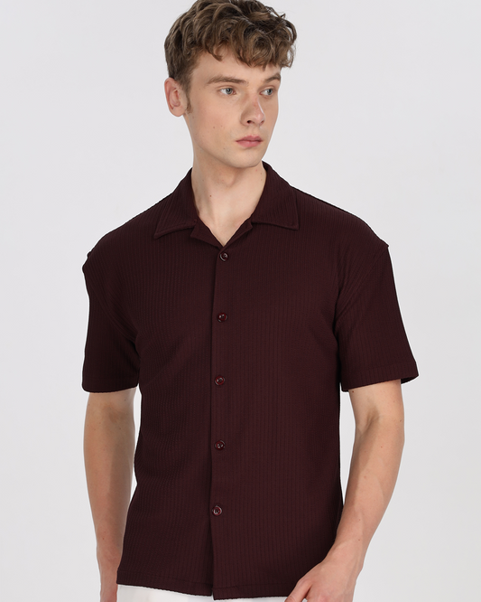 Men textured shirt - Maroon cuban collored