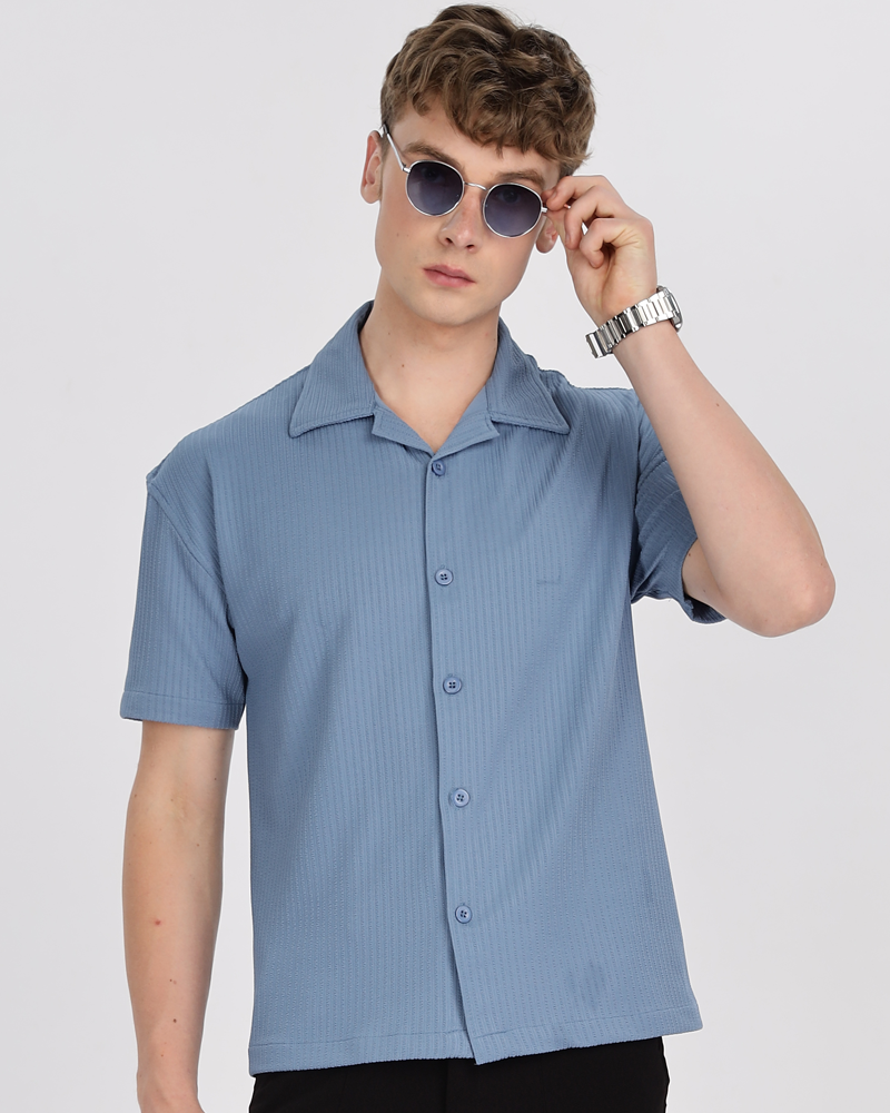 Men textured shirt - Blue cuban collored