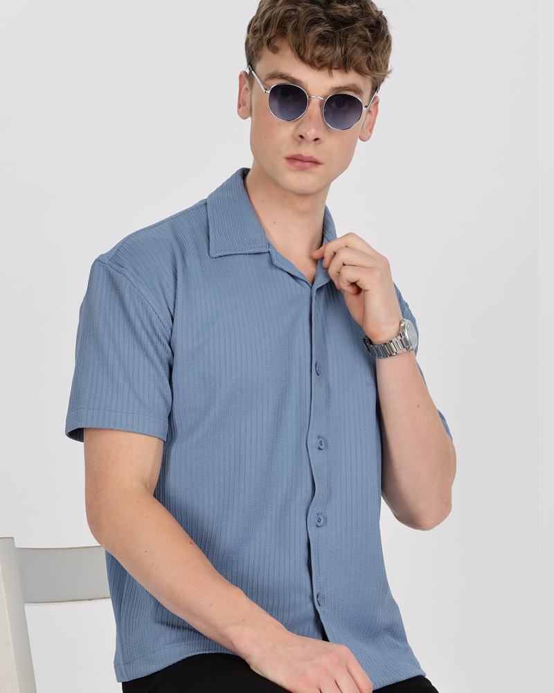 Men textured shirt - Blue cuban collored