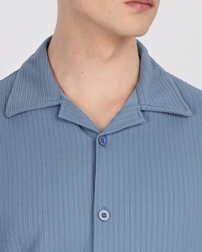 Men textured shirt - Blue cuban collored