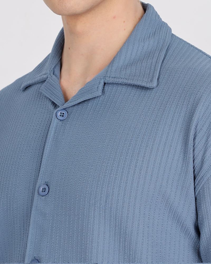 Men textured shirt - Blue cuban collored