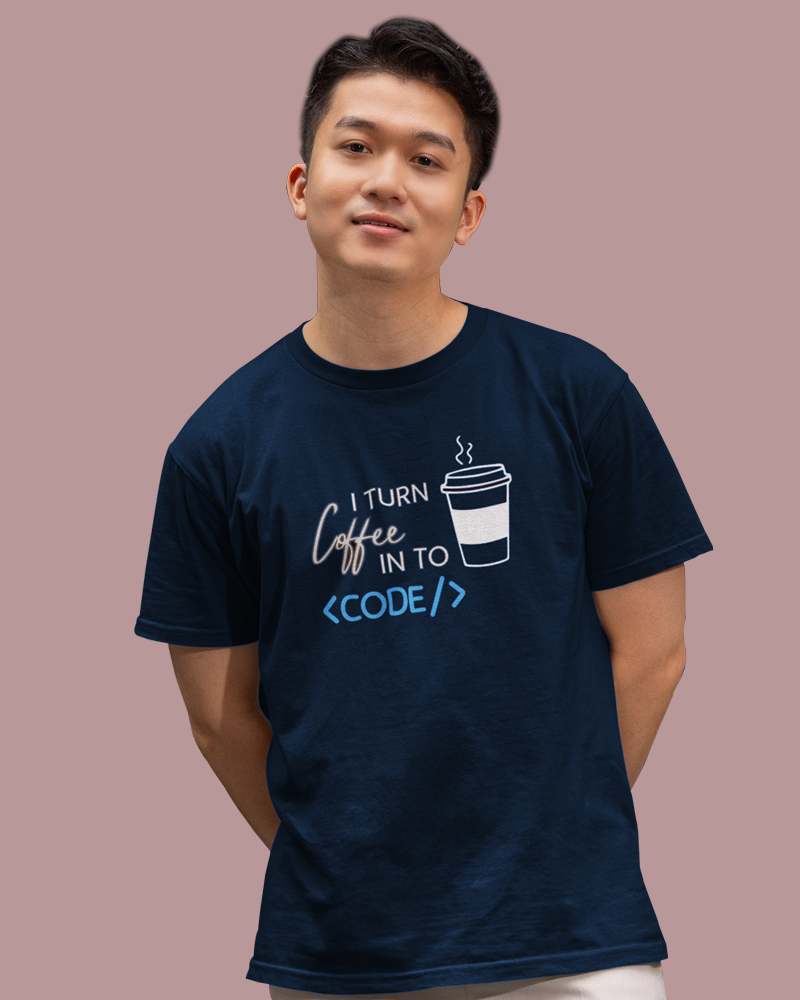 I Turn Coffee in to Code - Unisex round neck premium cotton T-Shirt